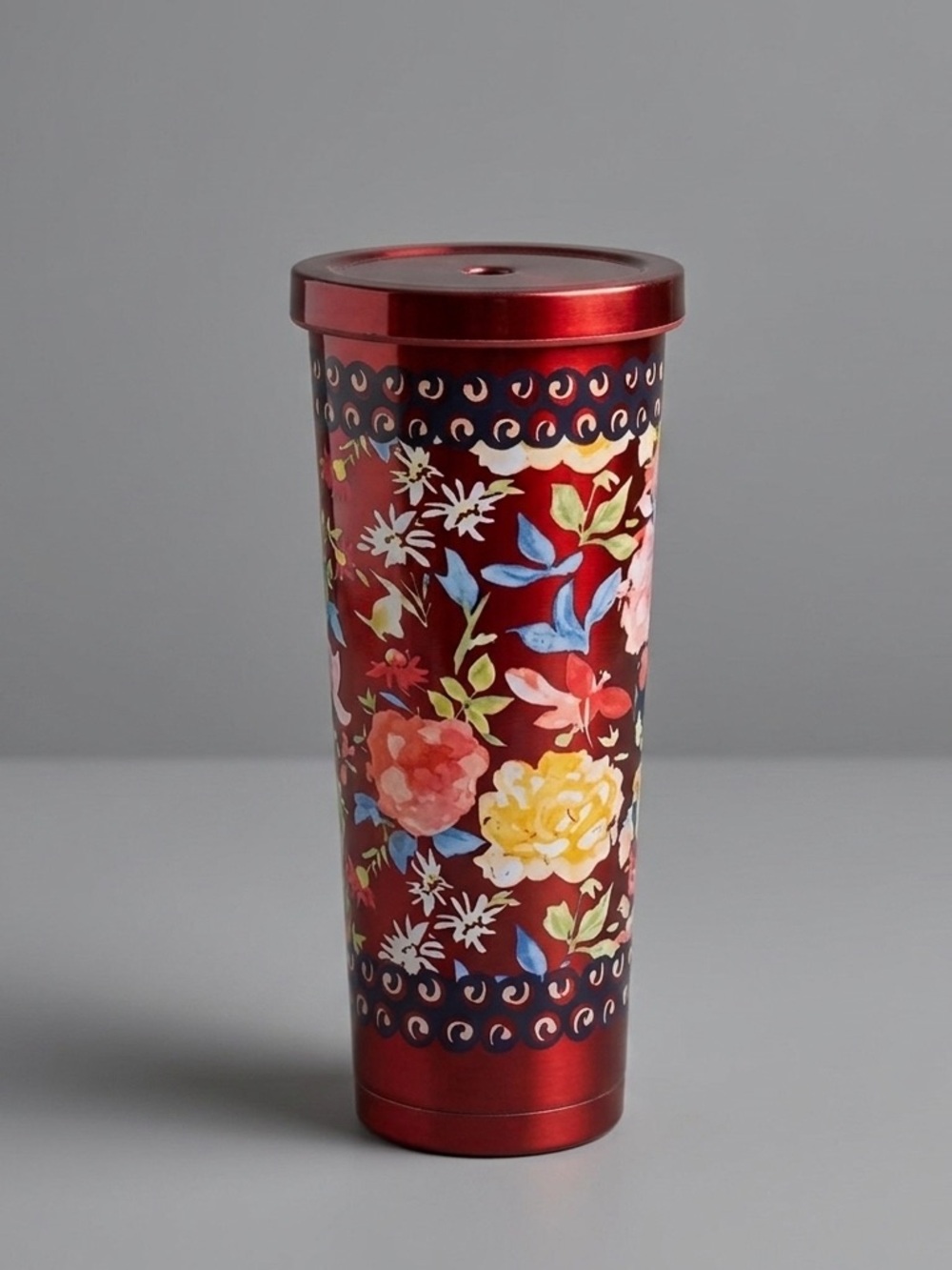 🌺 EUC The Pioneer Woman Floral Dark Red Travel Mug, No Straw Qty 1
